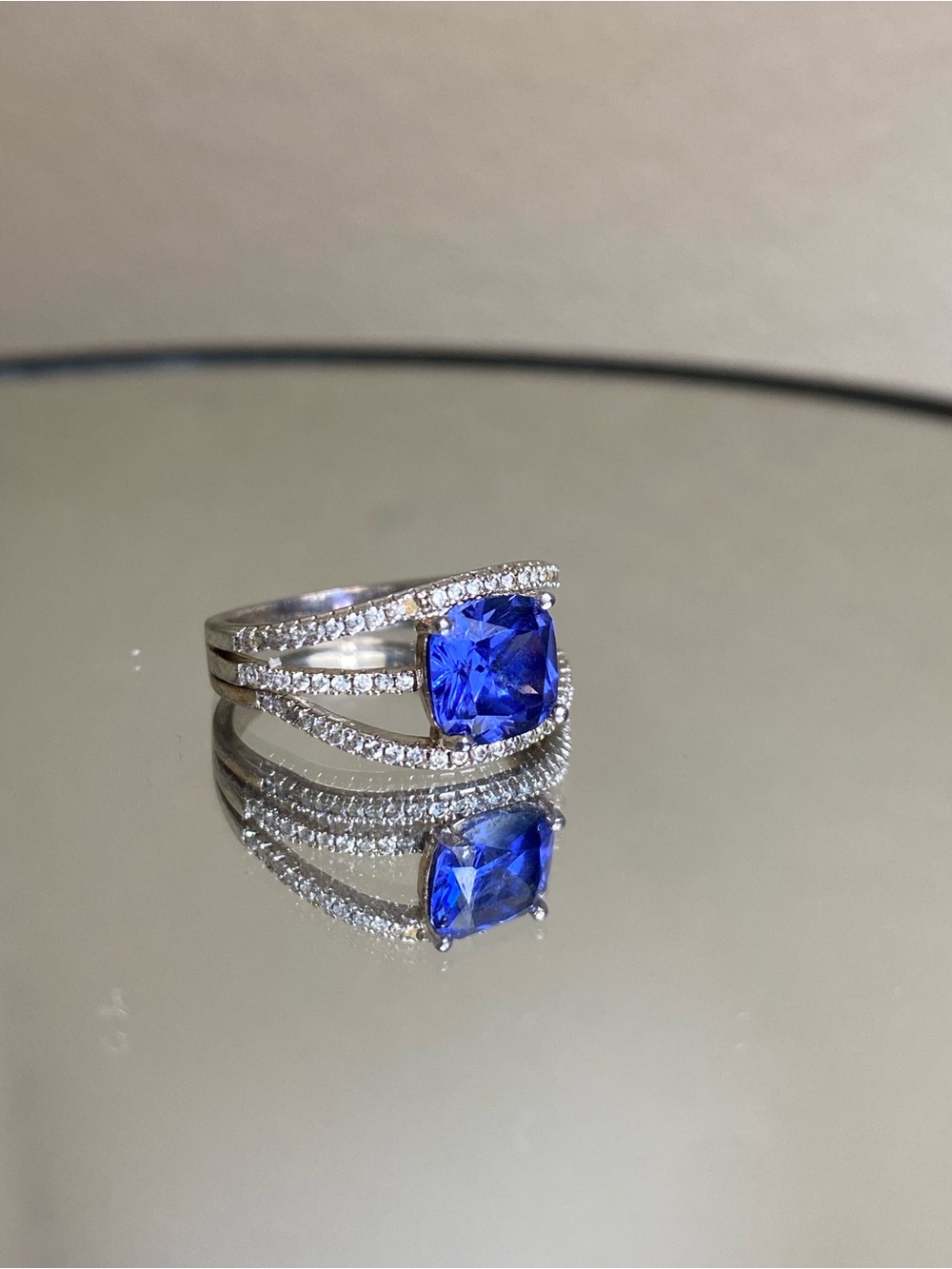 Simulated Blue Stone Cushion-Cut Halo Ring
